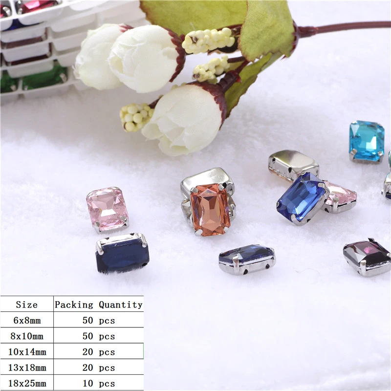 Rectangle Shape crystal Sew on Glass Rhinestones With Silver Claw glass sewing on stone Crafts For Clothes accessories