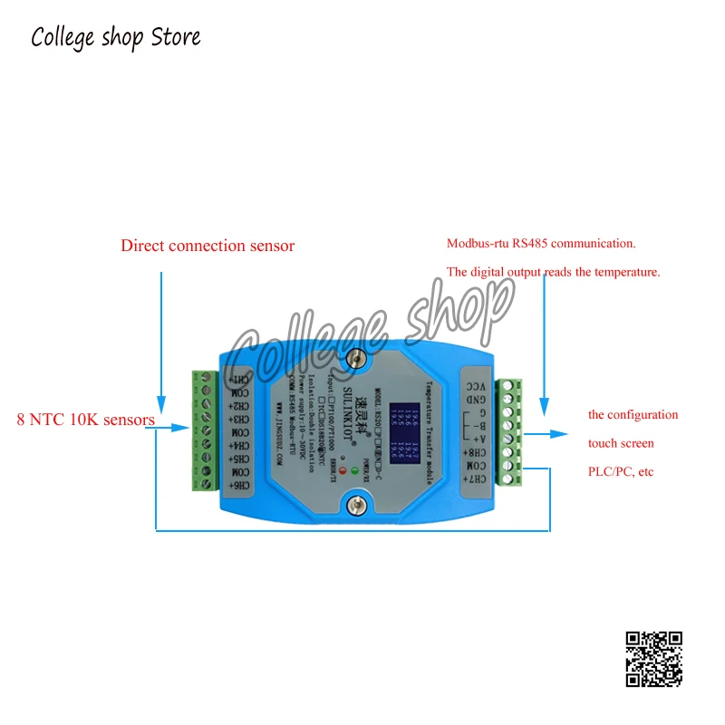 8 Channel NTC Temperature Transmitter 10K Thermistor to RS485 Acquisition Module Supports PLC RS20N-C