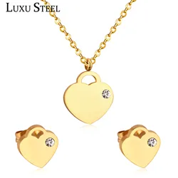 LUXUSTEEL bridal necklace set Cubic Zirconia Jewelry Stainless Steel Golden Color Heart Pendant Necklace Earrings Brinco Women