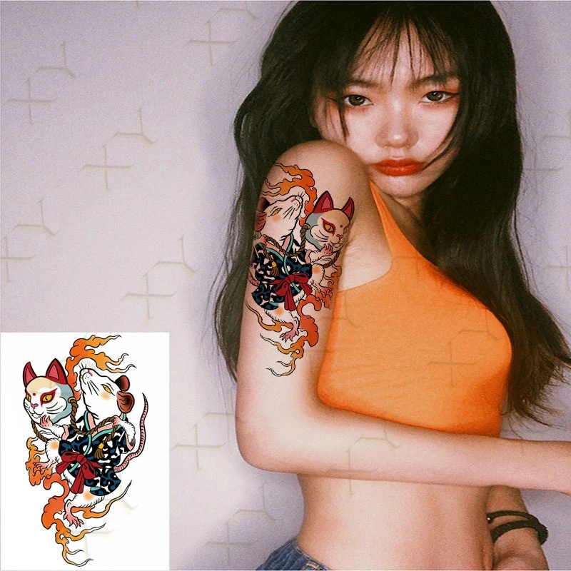 Temporary Tattoo Sticker Body Art Japan Ukiyoe Mouse & Cat Bells Flower Water Transfer Fake Tatoo Flash Tatto for Woman Man