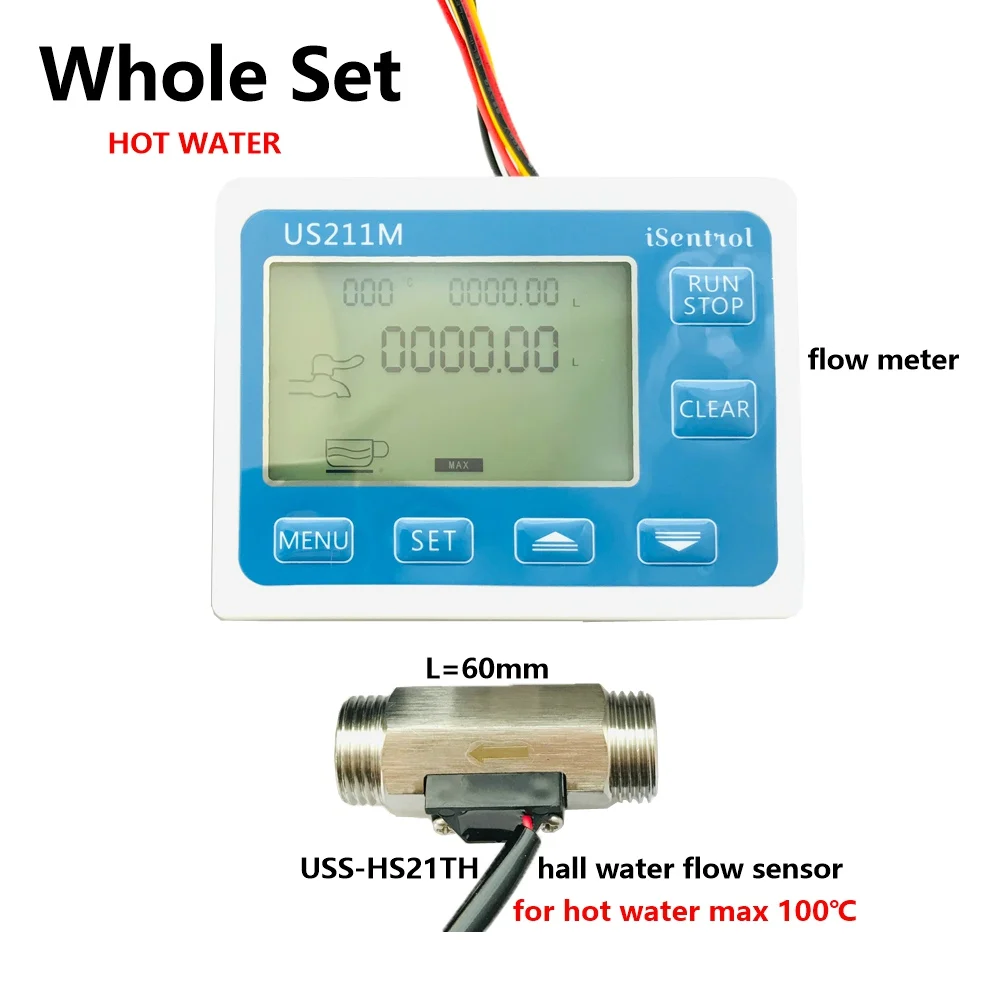 

US211M Hot Water Set Digital Water Flow Meter with Stainless Steel SUS304 USS-HS21TH 1-30L/min Hall Water Flow Sensor Reader