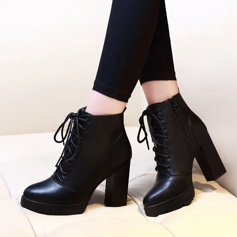 Women Ankle Boots Square High Heel Boots For Woman Fashion Zip Black Autumn Winter Womens Lace Up Platform Boots Shoes