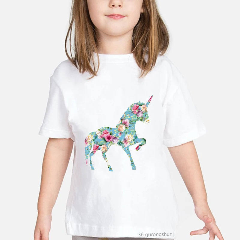 Flower Unicorn Cartoon Print T-shirt for Girls Kawaii Kids T Shirt Funny Harajuku Birthday Gift Clothing Summer Tops