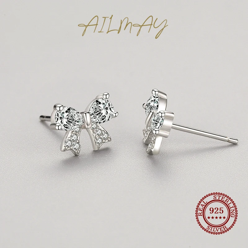 Ailmay Genuine 925 Sterling Silver Cute Romantic Dazzling Zircon Bowknot Earrings For Women Wedding Engagement Jewelry
