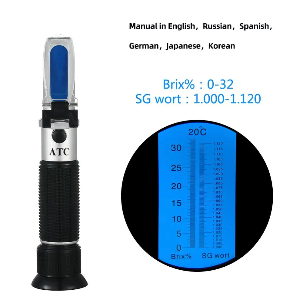 RSG-32ATC hand held SG 1.000-1 .120 Beer Refractometer 0-32% Brix Reference Temperature 20C Dual Scale with Plastic Retail Box