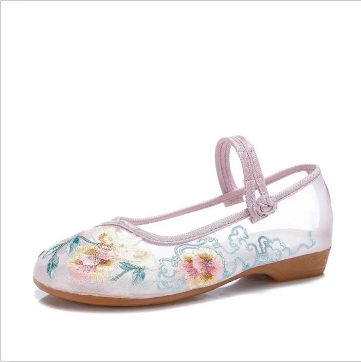 Zapatos de primavera, verano y otoño con flores de hilo de red, nuevas Sandalias planas de tacón bajo, zapatos bordados, zapatos de arte antiguo pastoral para estudiantes