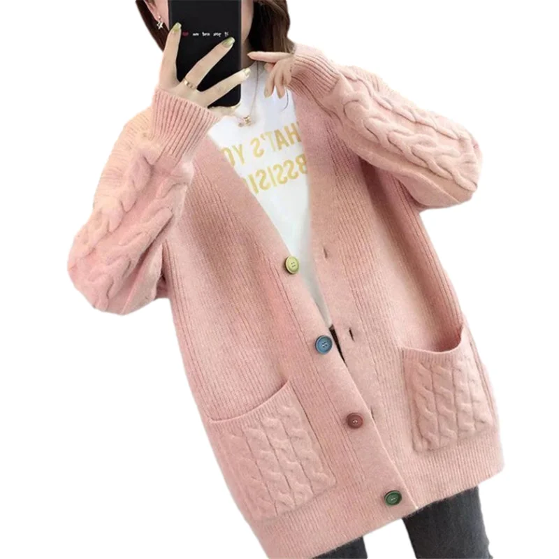 

Autumn Winter Thick Knit Sweater Cardigan Women Jacket Coat 5 Color Loose V-Neck Long Sleeve Big Pocket Knitted Cardigans Female