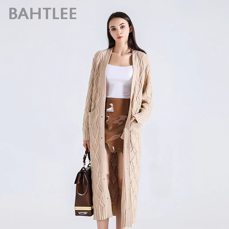 BAHTLEE-Super Long Wool Cardigans for Women, Jacquard Fabric, Knitted Jumper, Long Sleeves, V-Neck Sweater