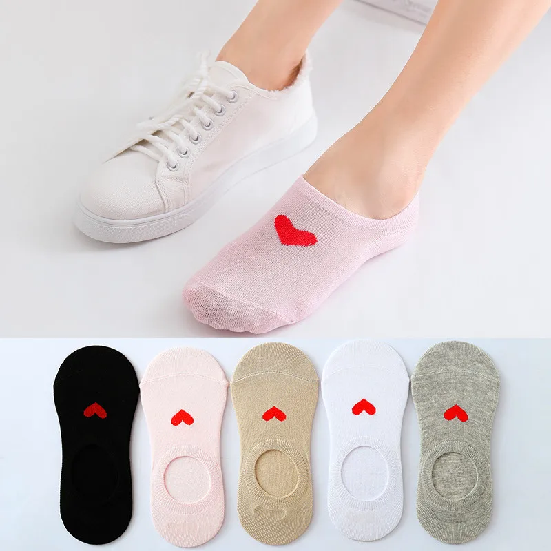 10pcs =5 pairs Women Ladies Invisible Sock Slippers Red Love Heart Non Slip Cotton Shallow Mouth Short Ankle Socks Spring Gifts