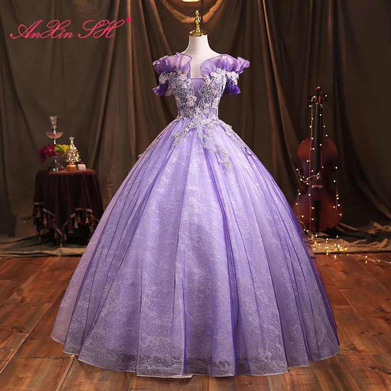 AnXin SH vintage purple lace flower boat neck sparkly beading crystal ball gown ruffles princess party bride evening dress