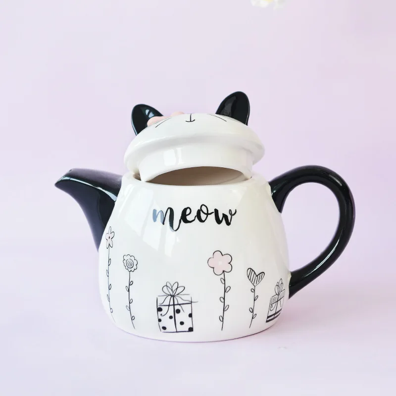 France romantic cute cat cartoon European and American black and white ceramic teapot gift home tea set decoration.