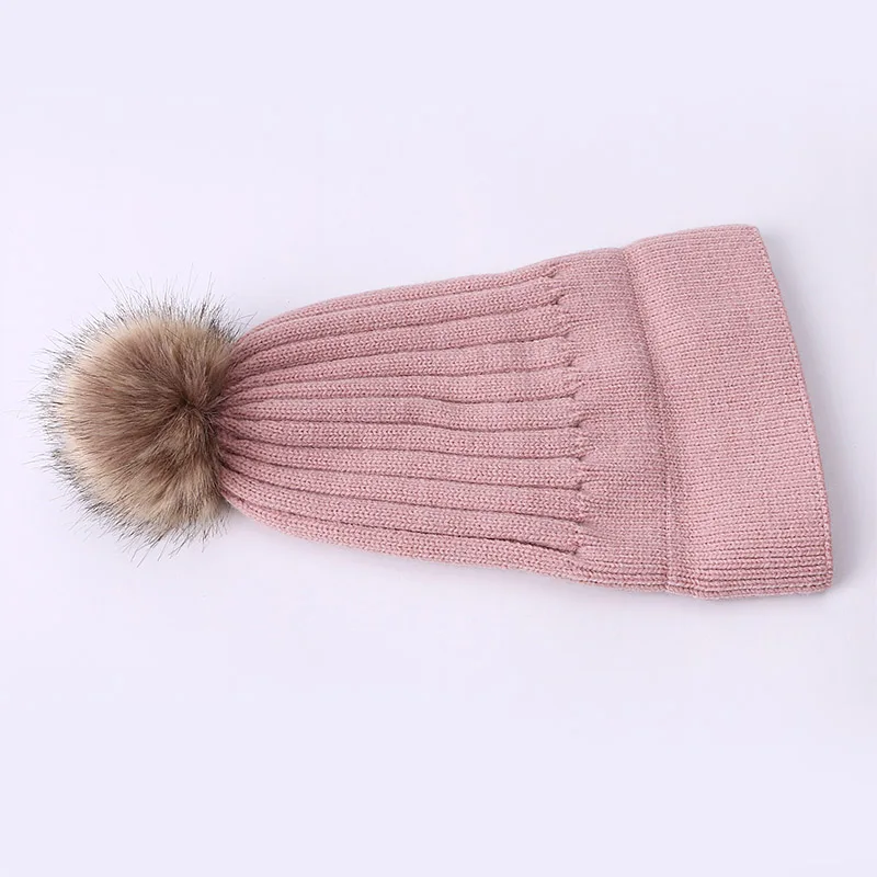 Winter Knitted Beanie Hat With Faux Fur Pompon For Women Winter Outdoor Warm Crochet Wool Hat Fashion Solid Color Ski Cap Bonnet