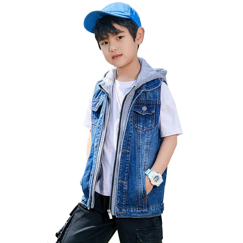 

Blue Denim Vest For Boys With Hood Fashion Lattice Design Kids Sleeveless Jean Waistcoat For Teen Boy 2-14 Years Outerwear Coat