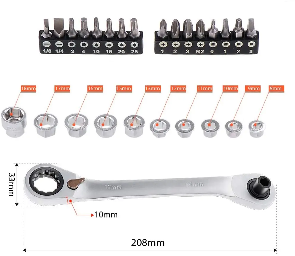 Ratcheting Wrench Set 27 piece Double Box Wrench Screwdriver 8-19mm Multifunction Polished with Sockets Hex Bits Set,Home Repair