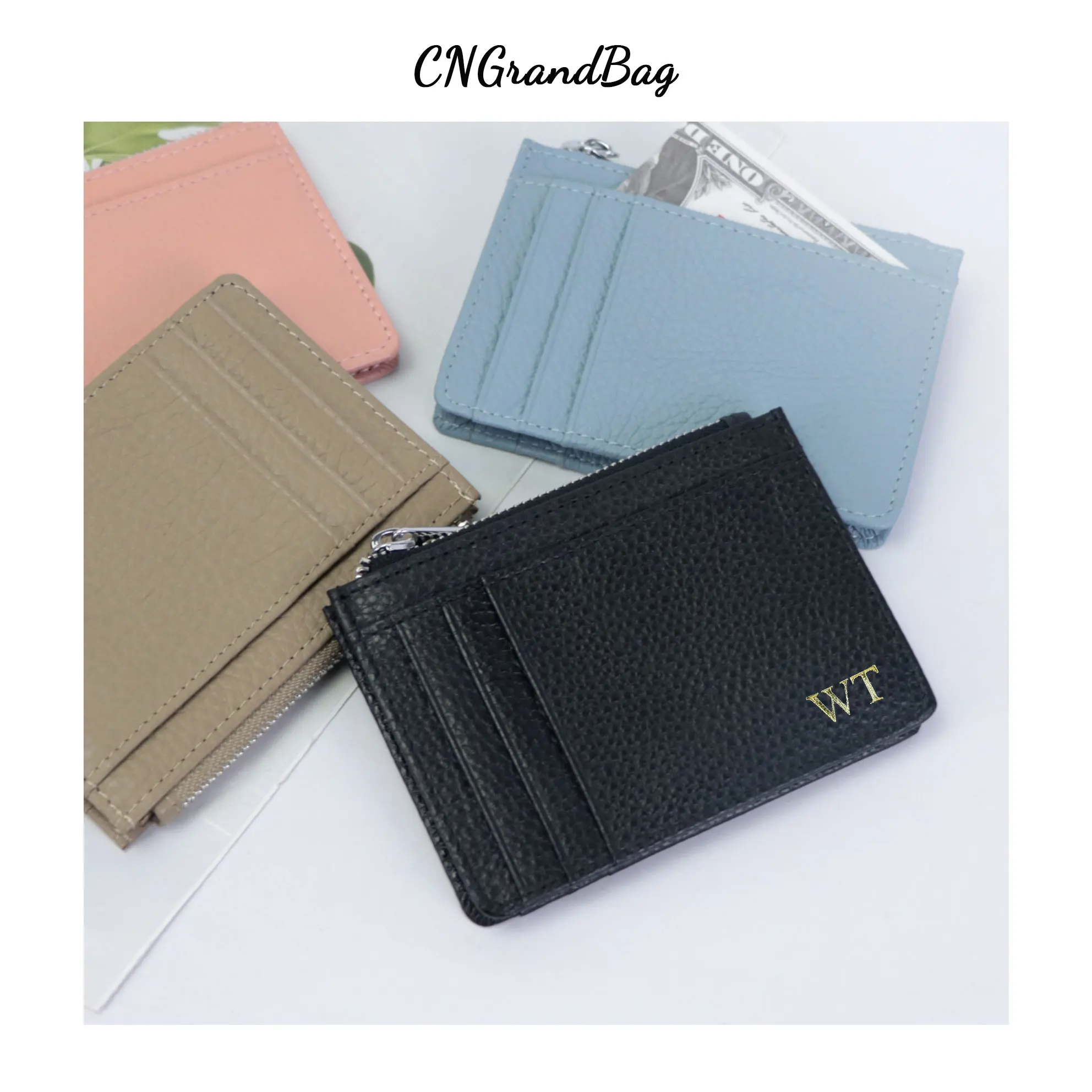 Custom Letters Genuine leather Small Wallet Women's Zipper Zero Wallet Multi Card  Mini Coin Bag Cardholder Purse