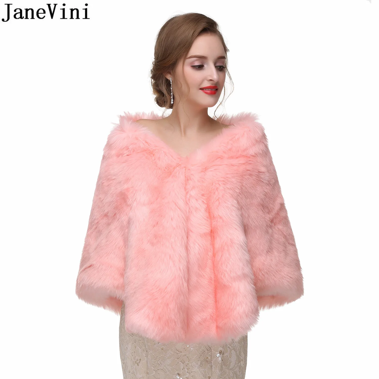 

JaneVini Pink Faux Fur Wedding Bolero Coat Winter Jacket Women Fur Cape Wraps Stoles Black Blue Bolero Mariage Fausse Fourrure