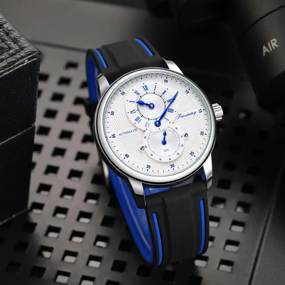 Men Wristwatch Blue White Dial Automatic Transparent Mechanical Watch Silicone Rubber Band Male Sport Clock Relogio Masculino