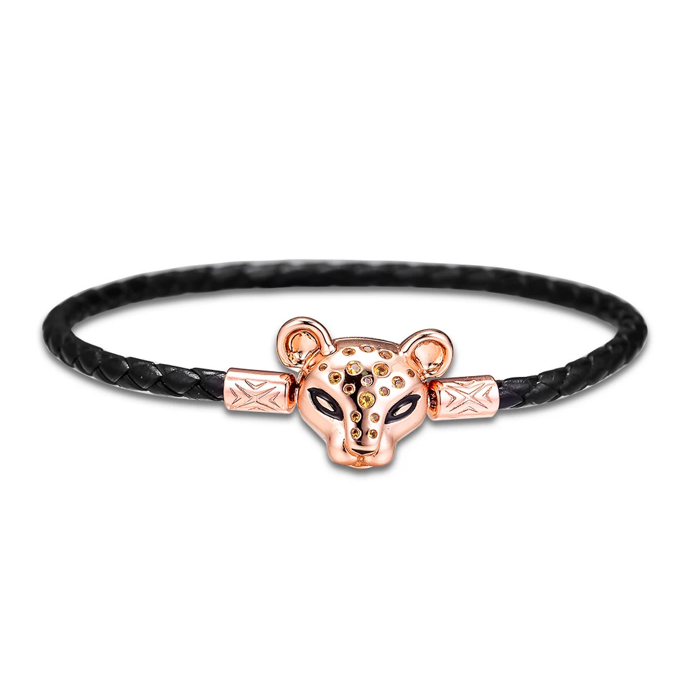 BLACK LEATHER BRACELET WITH ROSE LIONESS CLASP For Woman DIY Beads & Charms Sterling Silver Fashion Jewelry Bracelets