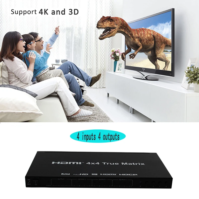 HDMI matrix switcher 4x4, 4K HDMI matrix switcher splitter 4 in 4 out box, with  RS232 extractor and infrared remote control