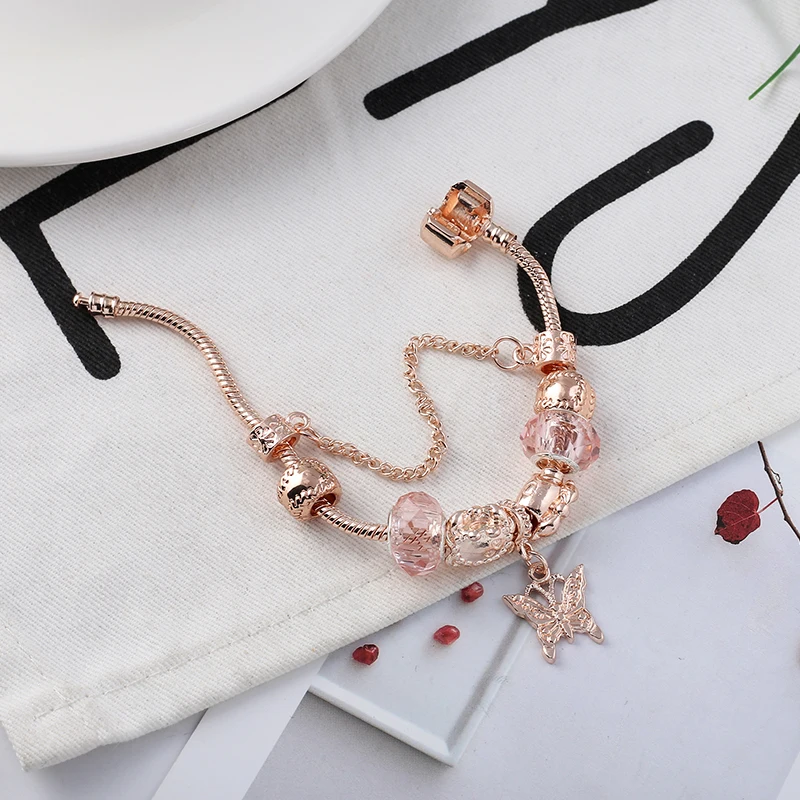 Yexcodes Rose golden butterfly Charm Bracelet With An crown Beads Fits Fine Bracelet Women Party Jewelry Dropshipping