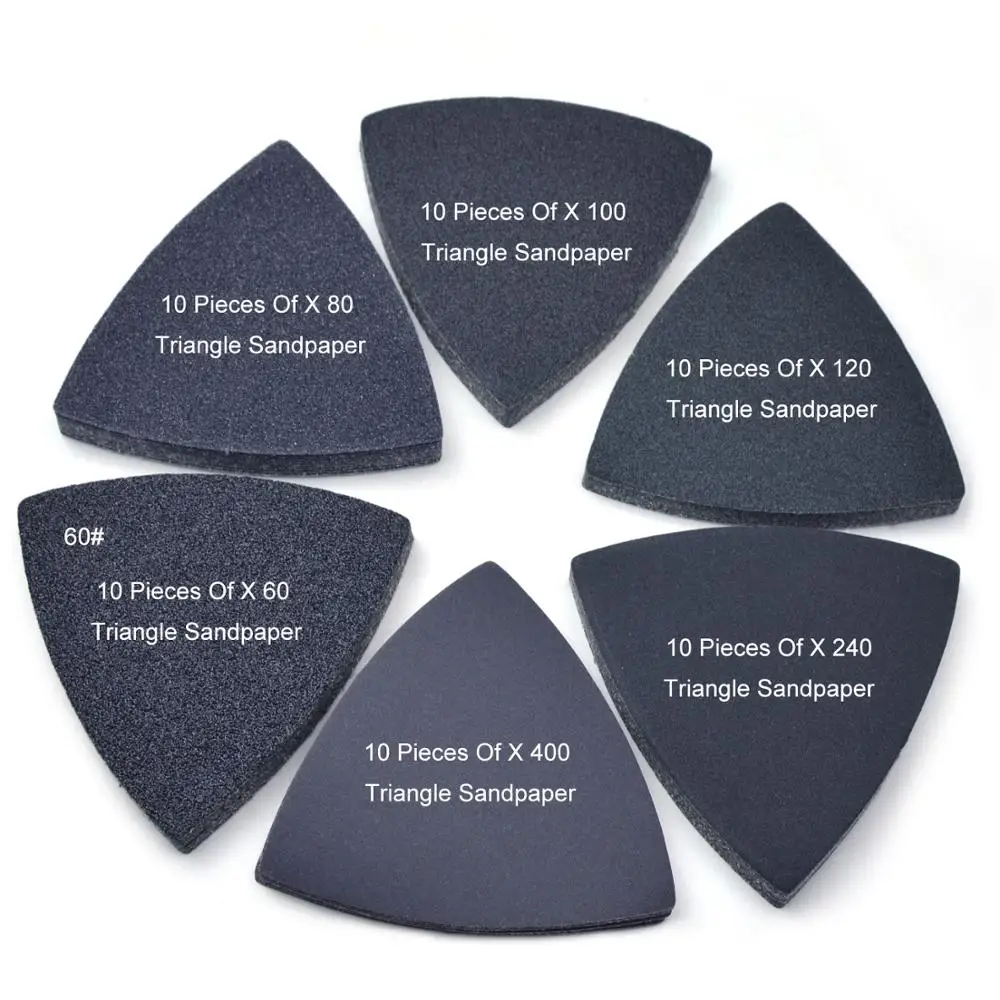 POLIWELL 10PCS 3-1/2 Inch Grit 60/80/100/1200/240/400 Sanding Sheet Silicon Carbide Triangular Flocking Sandpaper Wood Grinding