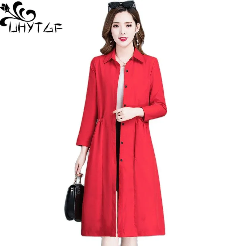 

UHYTGF Womens Spring Autumn Trench Coat Fashion Pocket Single-Breasted Casual Mother Thin Top Elegant Female Long Windbreaker 18