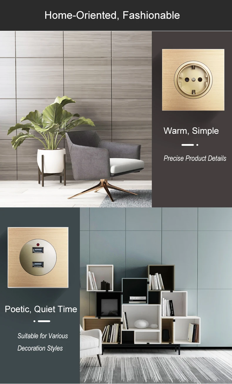 Wallpad EU French Wall Socket Electrical Outlet L6 Gold Brushed Aluminum RJ45 CAT6 HDMI-compatible Modules Free Combination