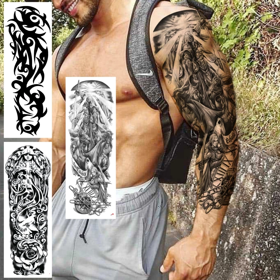 Super Large Warrior Full Arm Tattoo Sticker For Men Women Adult Black Totem Nun Cross Tattoos Temporary Sleeve Waterproof Tatoos