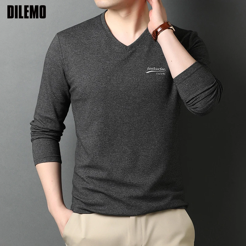 2023 Top Quality New Fashion Brand 95% Cotton 5% Spandex Plain V Neck Long Sleeve t Shirt Men Cotton Casual Men Clothes