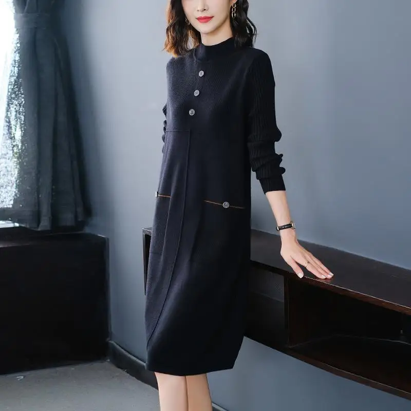 Slim Knitting Dress For Women Autumn 2024 New Casual Solid Half High Collar Pullover Button Pockets Knee-Length Bottom Clothes