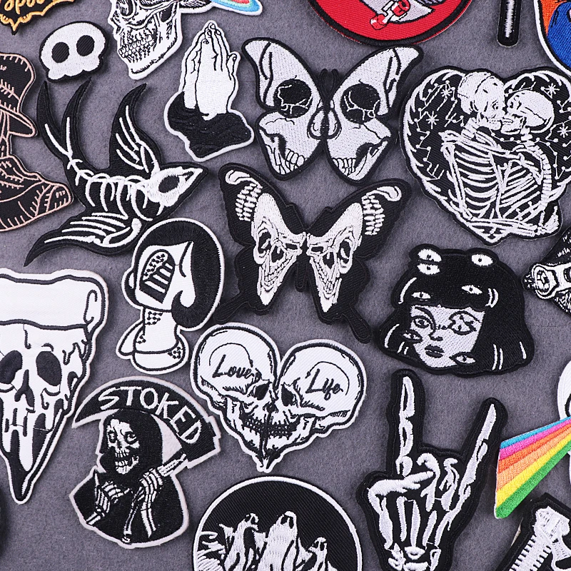 Black And White Patches On Clothes Punk Stickers Hippie Iron On Patches For Clothing Thermoadhesive Patches Skull Cloth Patch