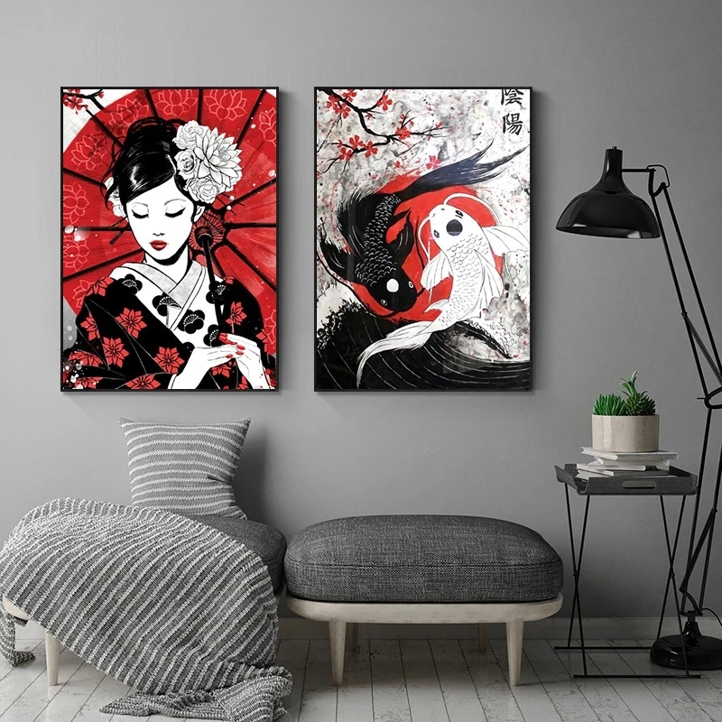 

Japanese Geisha And Yin-Yang Fish Oil Painting On Canvas Wall Art Poster And Prints Samurai Picture For Living Room Decoration