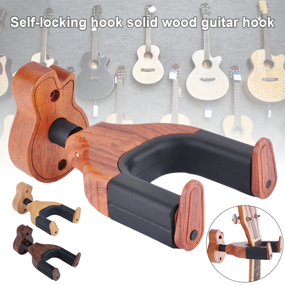 Auto-Locking Guitar Hangers, Hook Holder, Madeira, Montagem na parede, Bloqueio automático, String Instrument Acessórios, 1 Pc