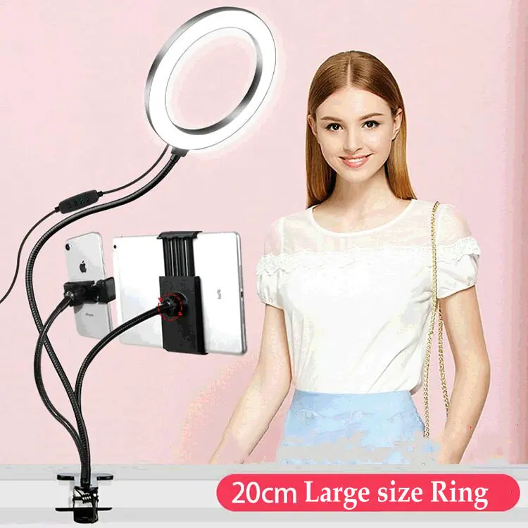 20CM Selfie Large Led Ring Light Clip-on Stand w/Phone Pad Holder Youtube Vedio Live Stream Makeup Photo Studio Lighting