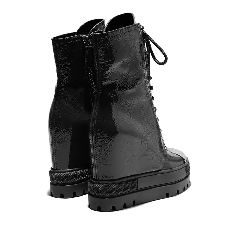 New Thick Platform Sole Inner Height Increased Ankle Boots Patent Leather Round Metal Toe Zipper Roman Boots High top Sneaker