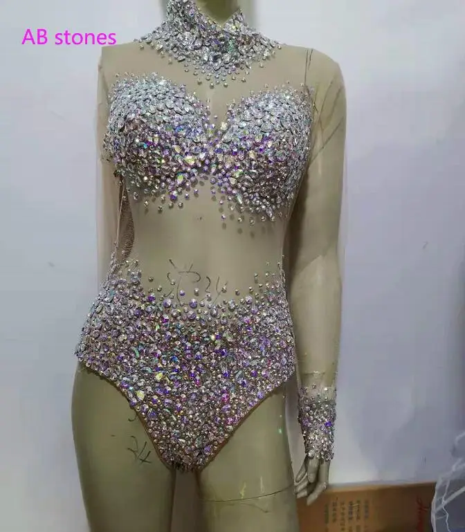 Sexy Mesh Transparent Stones Bodysuit Birthday Party Outfit Rhinestones Rompers Women Singer Team Dance Pink White Blue  Costume