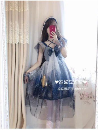 Kawaii girl gothic lolita op loli grenadine fairy bowknot flying sleeve victorian dress Gorgeous starry sky sweet lolita dress