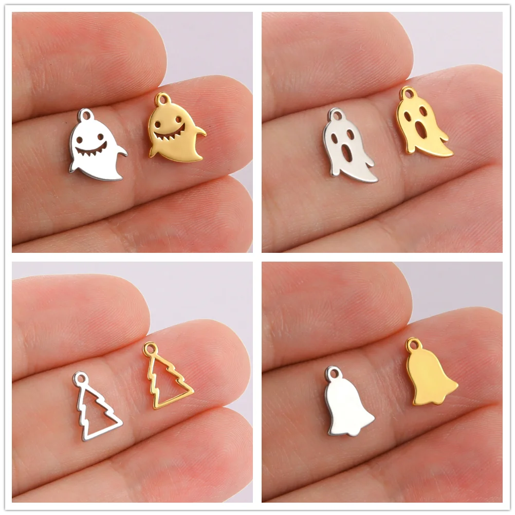 Teamer 5pcs/lot Stainless Steel Charms for Jewelry Making DIY Christmas Halloween Pendant for Bracelet Ghost Bell Trees Charm