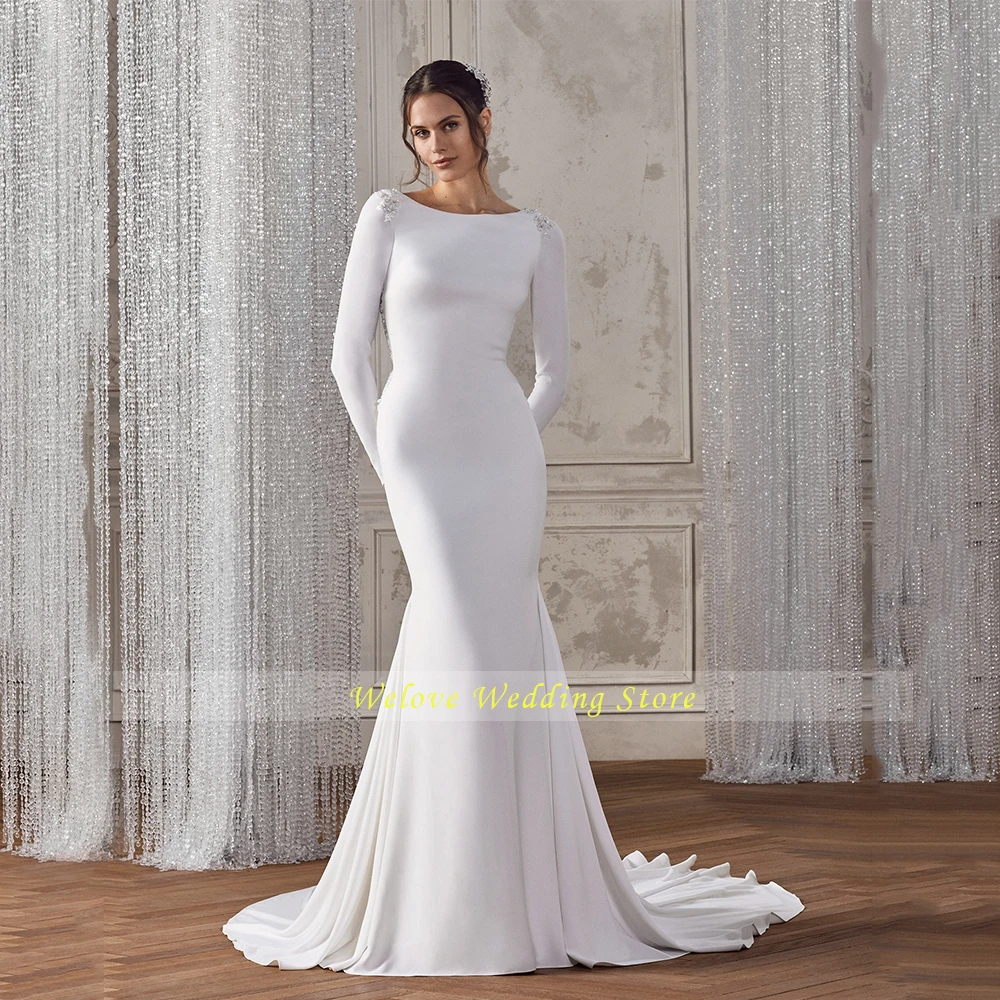 White Long Sleeve Mermaid Wedding Dress Beading Custom Illusion Button Back Sweep Train Applique Scoop Neck Plain Bridal Gown