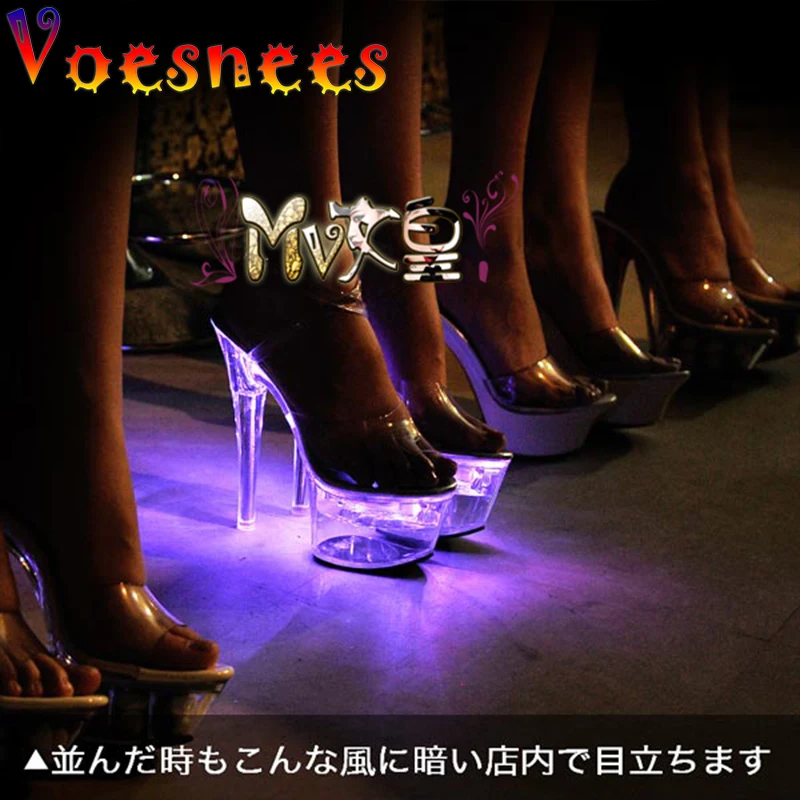 Shoes Women Clear Transparent LED Lights Platform Open Toe Stilettos Super High Heel 15cm Luminous Shoes Crystal Buckle Sandals