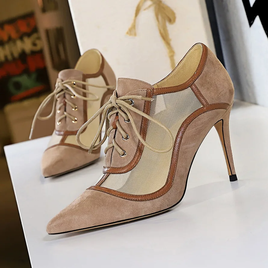 Pointed Toe High Heels Shoes Women Mesh Hollow Lace Up Cross Strapping Pumps Ladies Shoes New Arrival