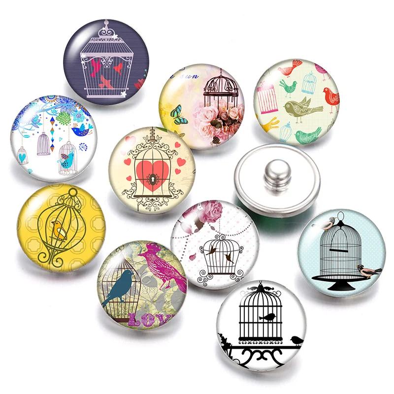 New Bird&birdcage Birds 18mm snap buttons 10pcs mixed round photo glass cabochon style for snap button jewelry Fingdings Gift