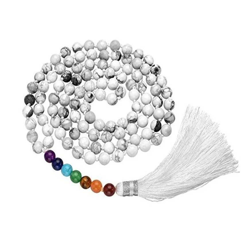 8mm Howlite 7 Chakras 108 Buddha Beads Bracelet Necklace StoneMeditation Healing Bridal Pendant Spiritual Mala  Men