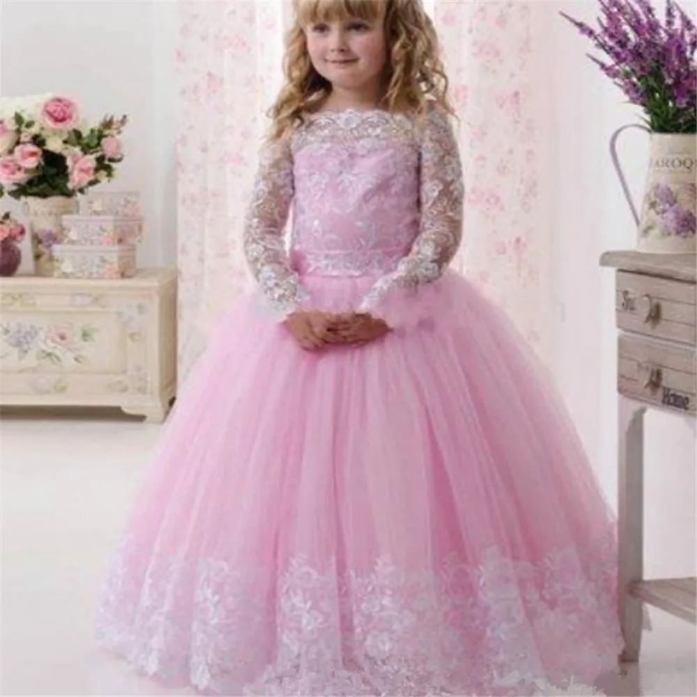 

Elegant Pink Flower Girl Dresses Lace Appliques Fluffy Tulle Custom Made Ball Gown First Holy Communion Dresses for Girls