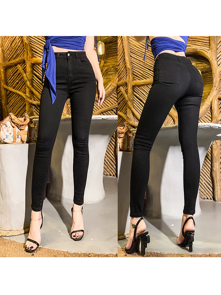 Pantalones vaqueros ajustados de cintura alta para mujer, vaqueros negros sexys, de verano