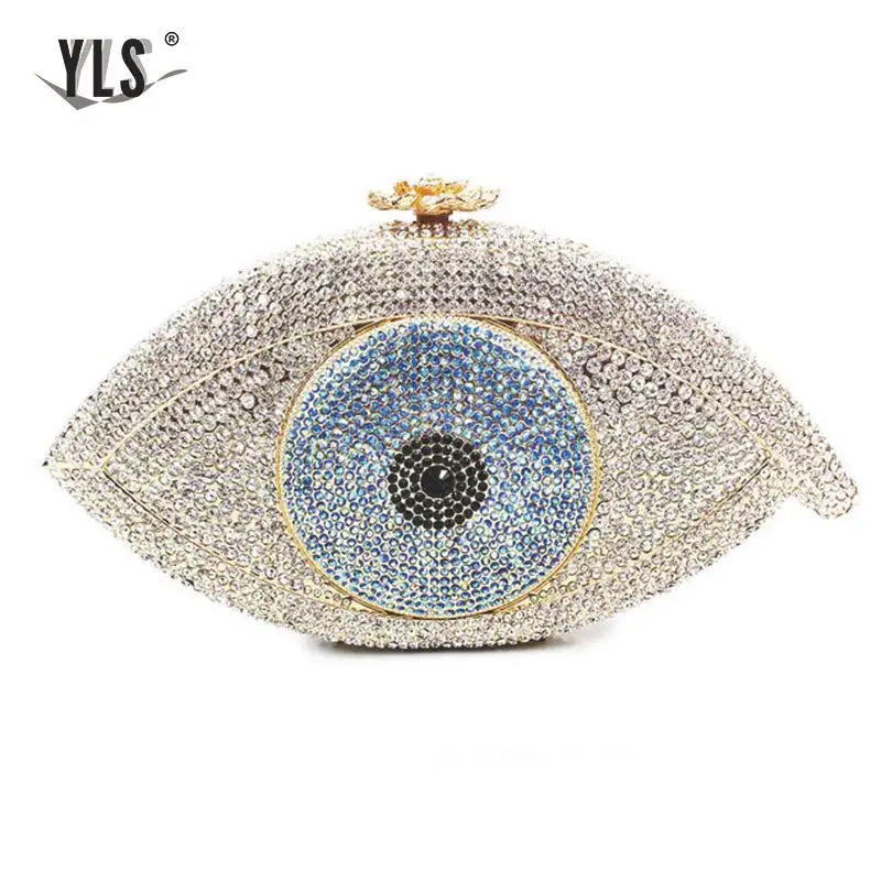 

Women Evening Party Big Eye Diamonds Luxury Clutch Fashion Silver Bling Crystal Bridal Wedding Bag Purse Black Bolso Mujer