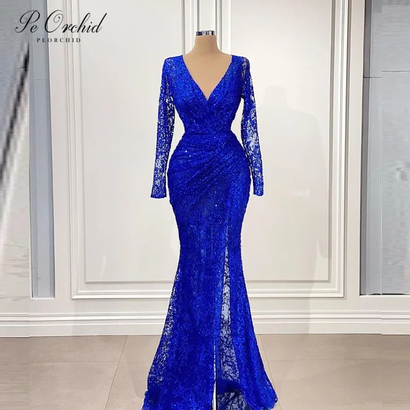 PEORCHID 2021 Elegant Royal Blue Lace Evening Dresses Mermaid V Neck Dubai Split Sexy Long Sleeve Formal Dress Party Gowns