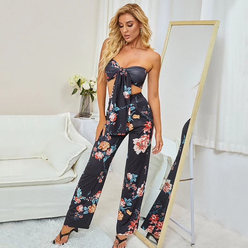 HTZMO Floral Two Piece Pants Set Women Summer Sexy Print Outfits Backless Strapless Tie Up Tops Wide Leg Pants Matching Set 2021