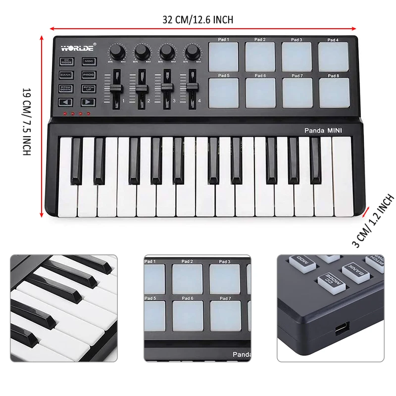 Worlde Panda Tuna MIDI Controller Portable 25-Key USB Keyboard & Drum Pad Music Arranger Keyboard Electronic Sound Controller