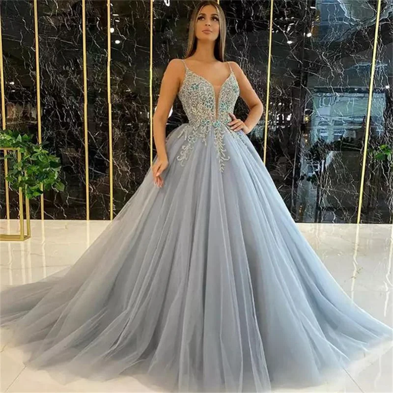 Luxury Sparkly Beads Sequins Lace Evening Dresses Gowns Robe de Soiree Sexy Spaghetti Straps Ball Gown Soft Tulle Party Dresses